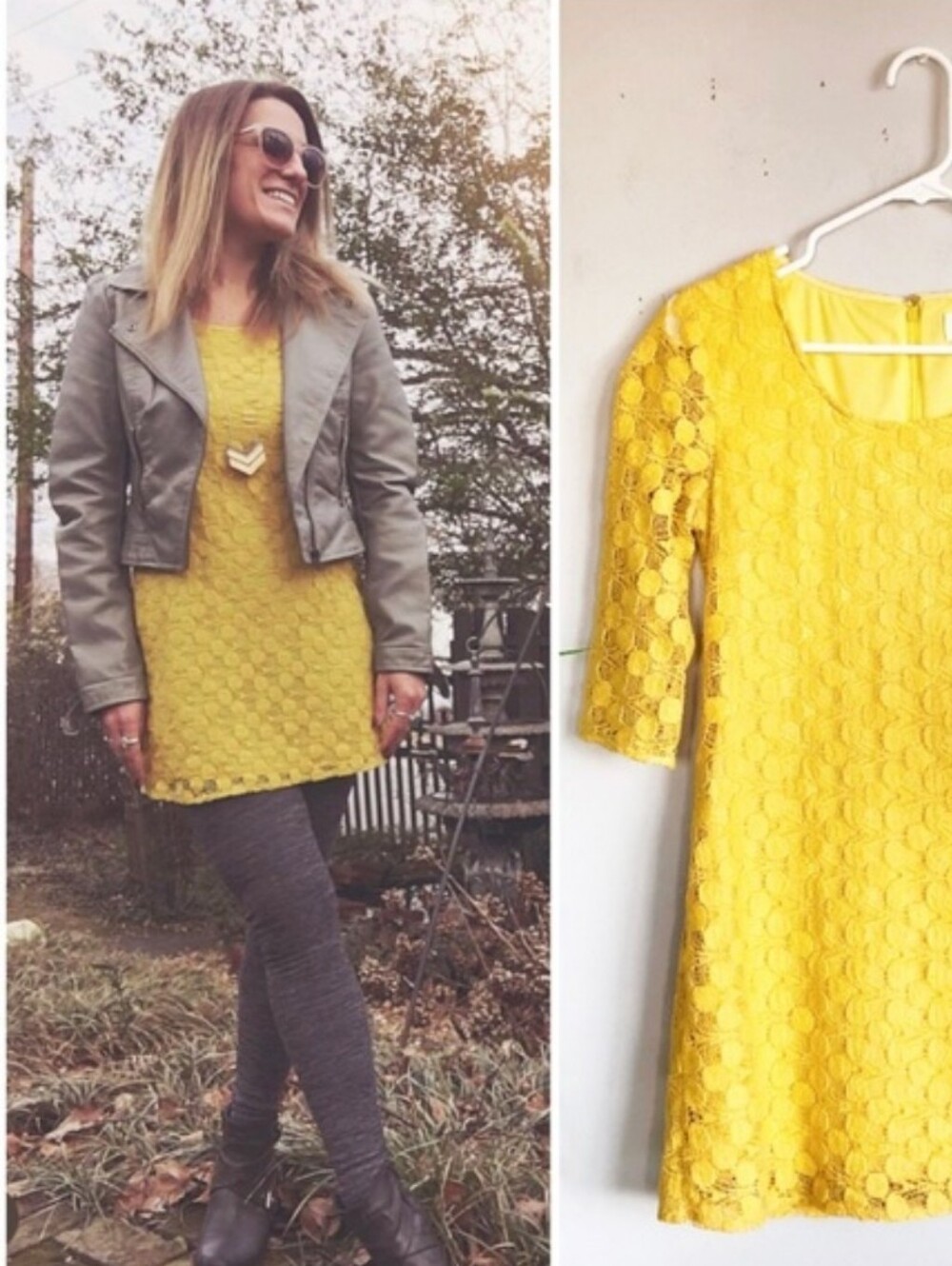 Francesca's Collections Emmelee Yellow Lace Crochet Mini Dress 3/4-Sleeves Small